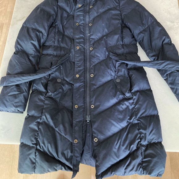 J Crew long puffer down jacket / winter coat / parka, navy, belt, hood, chevron - Picture 3 of 13